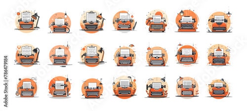 Typewriter color logos big vector bundle. Writing devices journalist writer sheet paper table copywriter lamp equipment round shape icons, isolated on white background