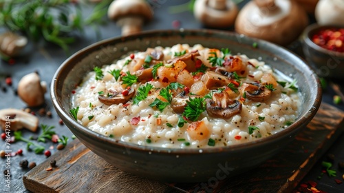 butter risotto with white wine onions and mushrooms.