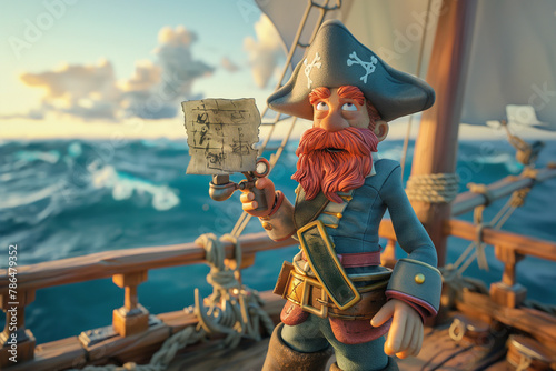 Clay character illustration of a pirate captain standing on the deck of a ship, holding a treasure map and a spyglass, with the ocean in the background photo