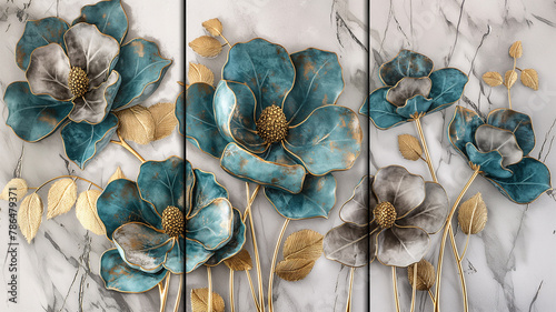 3-section wall painting prepared for room decoration and compositions, usable design for marble design. Examples of paintings for architectural interior design. Flowers pattern.