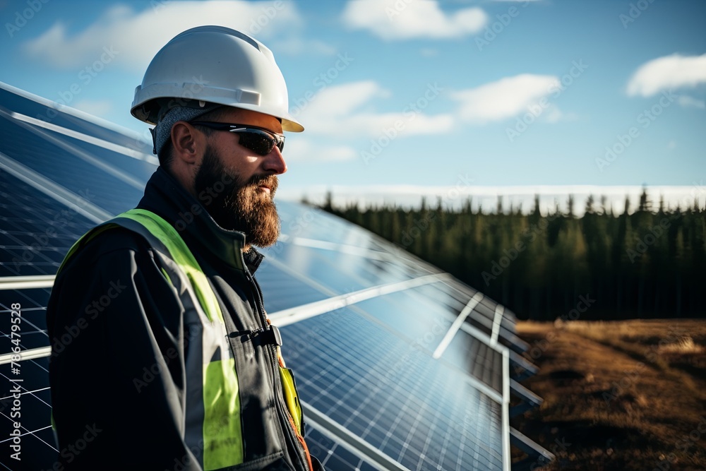 Portrait of a engineer at renewable energy farm with solar panels Portrait of a engineer at renewable energy farm with solar panels