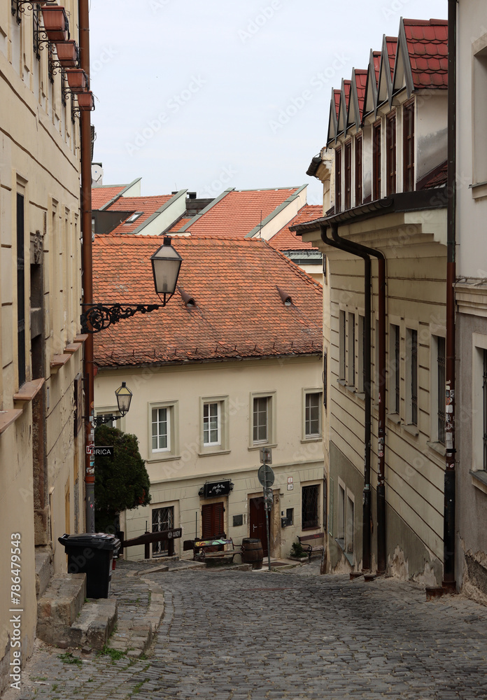 Beautiful tiny street in the old town of Bratislava, Slovakia. Architecture of Europe. Tourist destinations concept. 