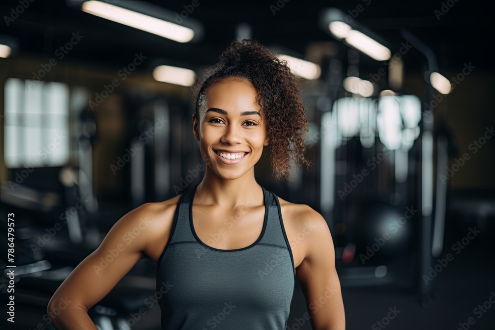 Fototapeta premium Portrait of a young female black fitness trainer in gym