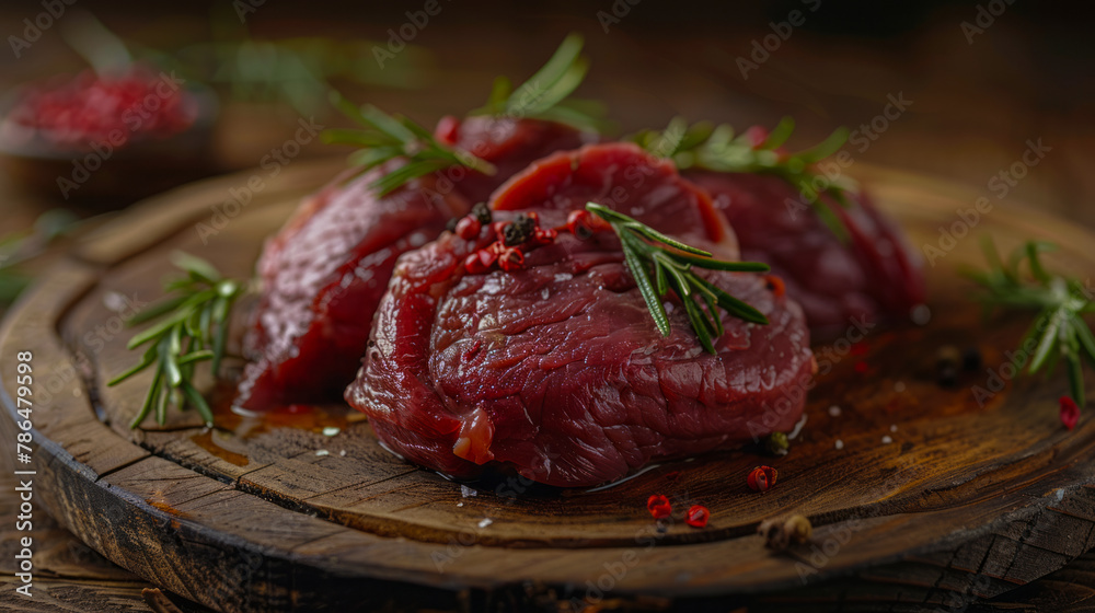 Raw steak cuts with fresh herbs on rustic wooden board