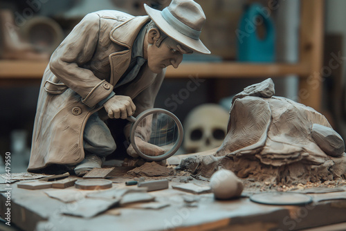 Clay character illustration of a detective with a magnifying glass, wearing a trench coat and hat, investigating a crime scene with clues around photo