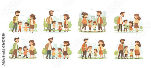 Urban park family cartoon vector scenes. Mom dad son daughter group crowd happy people casual clothes characters, city horizon trees grass elements, illustrations isolated on white background