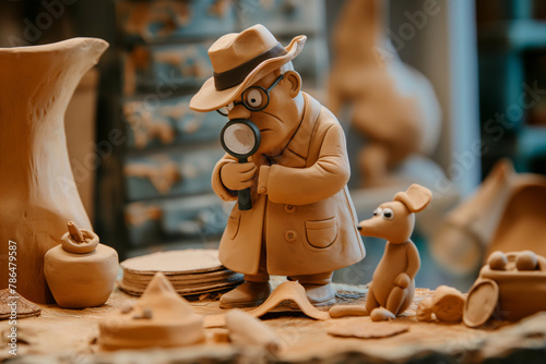 Clay character illustration of a detective with a magnifying glass, wearing a trench coat and hat, investigating a crime scene with clues around photo