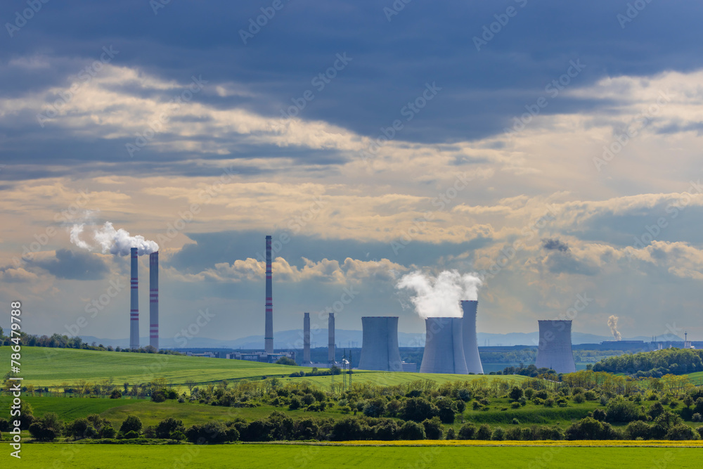 Fresh spring landscape with power station near Most, North Bohemia, Czech Republic