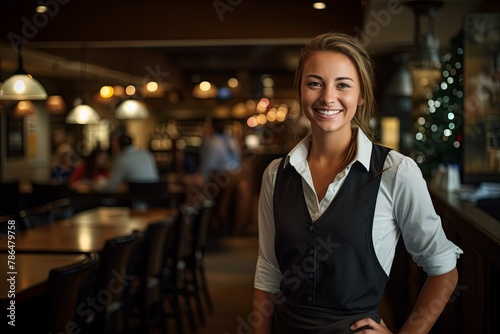 Fototapeta Naklejka Na Ścianę i Meble -  Portrait of a smiling waitress at a busy restaurant