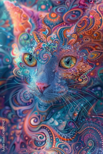 The frog photographed the cat in a dreamy digital artwork with soft colors and patterns.