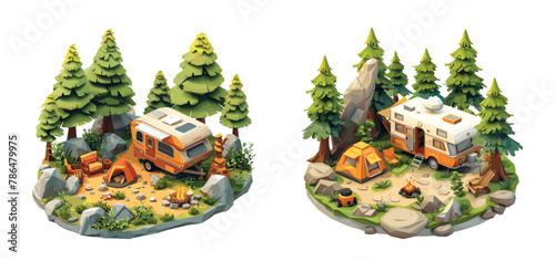 Van outdoor camping isometric vector set. Tent car forest camp trees rocks tourism travel countryside journey trip concepts isolated on white background