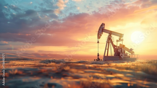 Oil pump in desert at sunset. photo