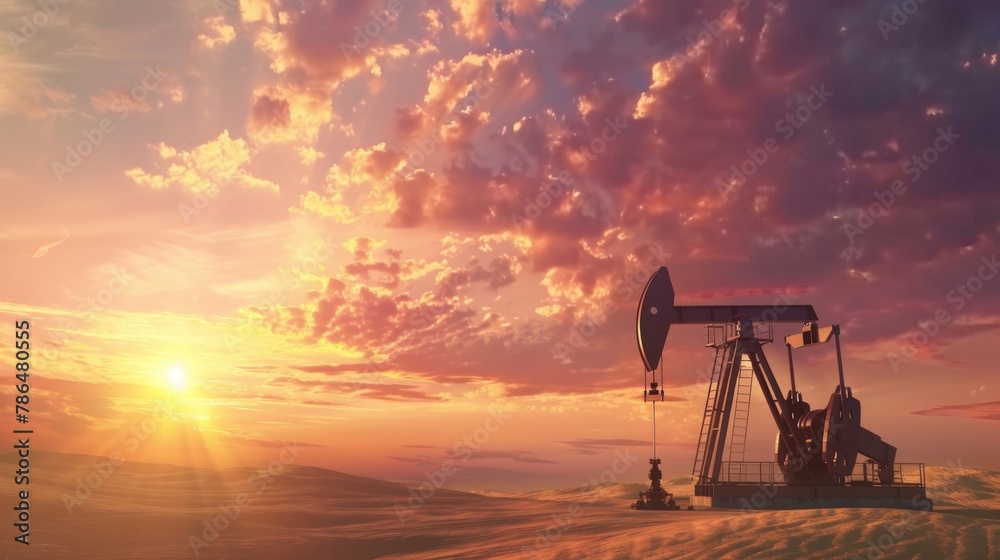Oil field with rigs and pumps at sunset. World Oil Industry