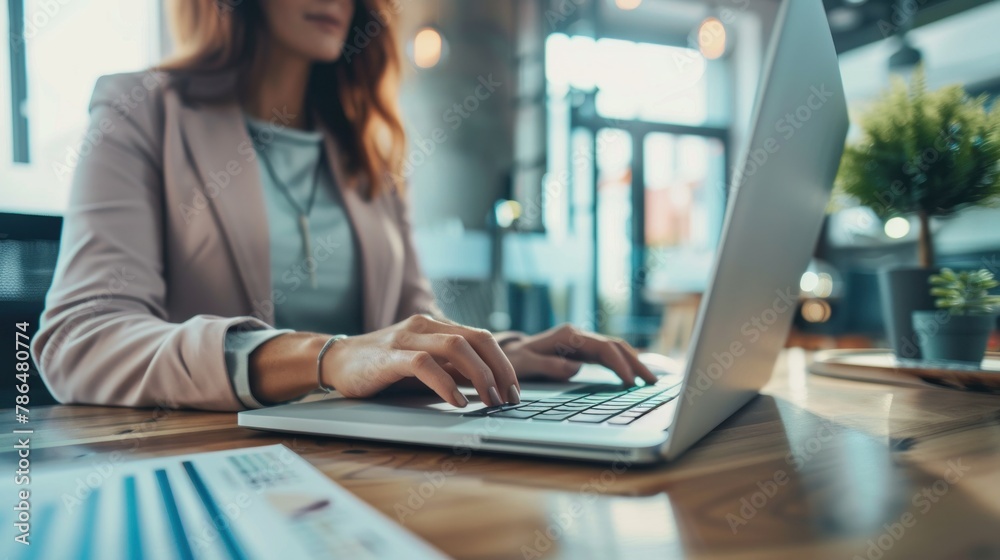 An office setting with a focus on a businesswoman and a businessman using a laptop to analyze data and plan strategies. 