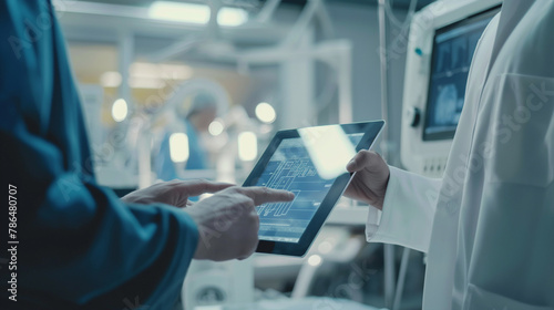 Engineers and technicians discussing over a large digital tablet beside an industrial machine, using the natural light from a nearby window to clearly see the detailed diagrams dis