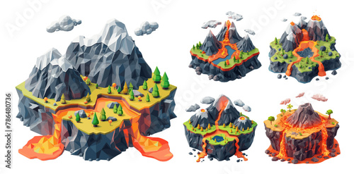 Volcanoes eruption isometric vector set. Rock stone lava magma land disaster trees grass mountains clouds elements isolated concepts © ONYXprj