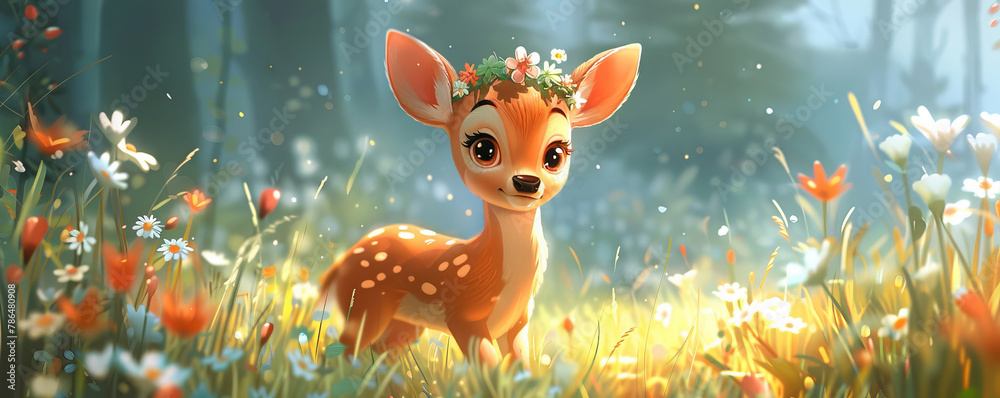 Playful and charming illustration of a cartoon deer with a floral crown ...