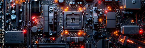 overhead view of Close-up of a computer motherboard, science and technology in action, realistic photography, copy space