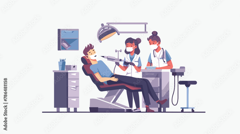 Dentist doctor examining patient woman lying at dentist