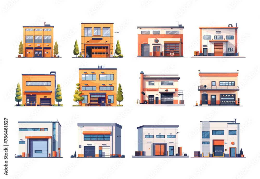 Warehouse building cartoon vector set. Modern logistics storage facades distribution delivery goods colored architecture isolated on white background