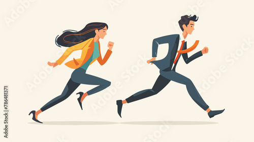 Determined business woman and man running fast together