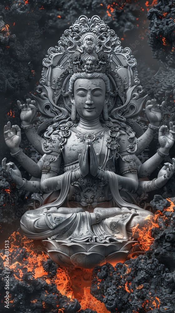 Capture the majestic aura of a towering Buddha with six arms and flowing white hair in a digital photorealistic style Incorporate a background of flowing lava for a dramatic effect