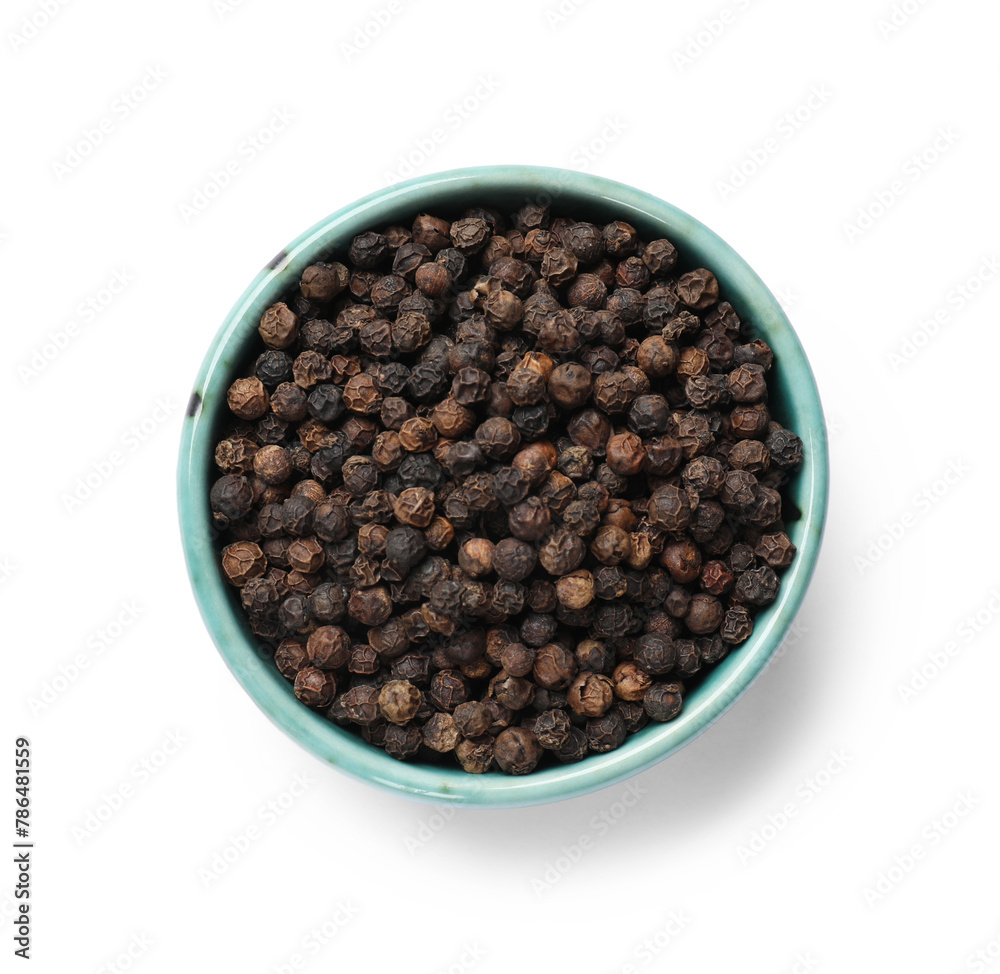 Aromatic spice. Many black peppercorns in bowl isolated on white, top view Aromatic spice. Many black peppercorns in bowl isolated on white, top view