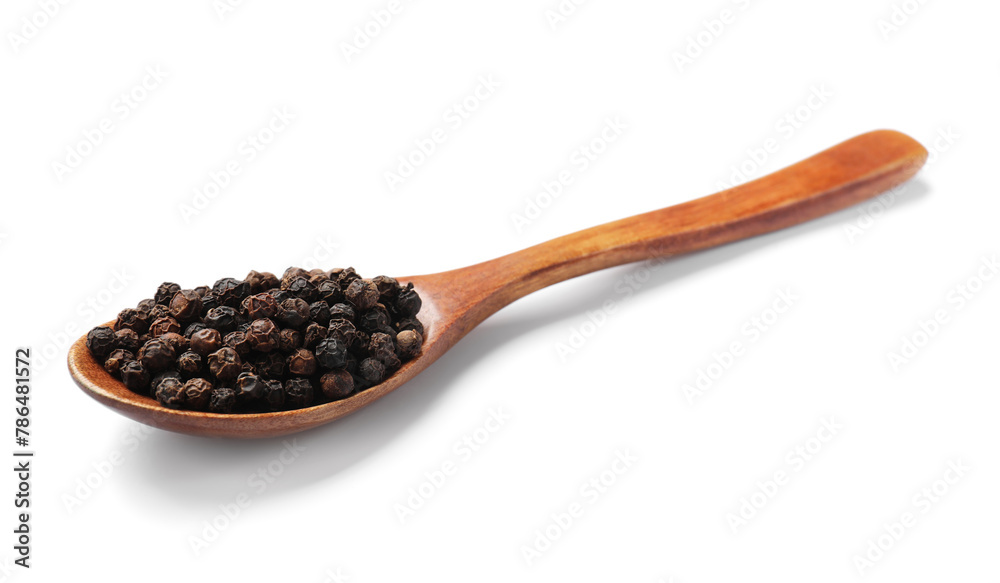 Aromatic spice. Many black peppercorns in spoon isolated on white Aromatic spice. Many black peppercorns in spoon isolated on white