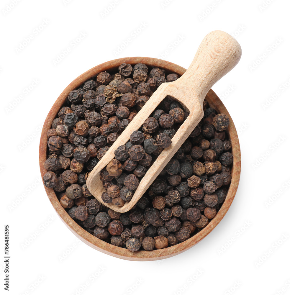 Aromatic spice. Many black peppercorns in bowl and scoop isolated on white, top view