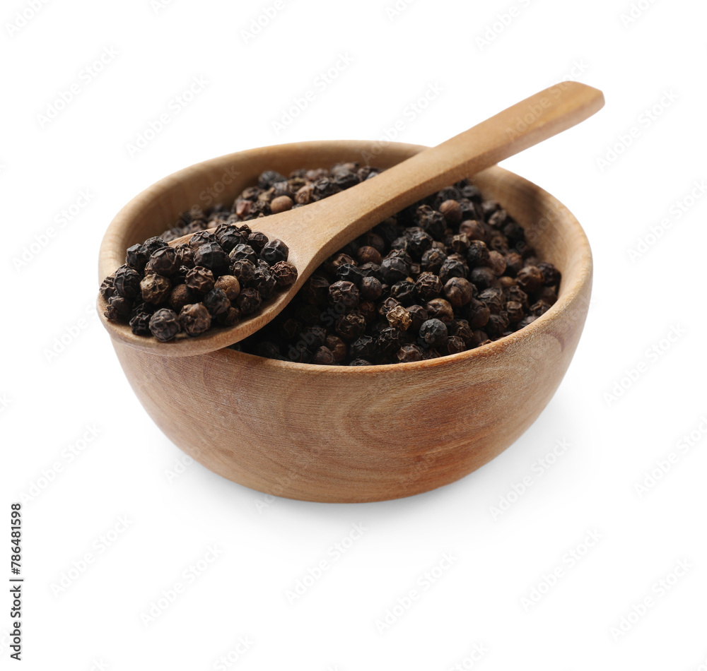 Aromatic spice. Many black peppercorns in bowl and spoon isolated on white Aromatic spice. Many black peppercorns in bowl and spoon isolated on white