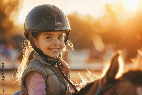 Happy girl child riding horse in equestrian center, closeup portrait. © grigoryepremyan