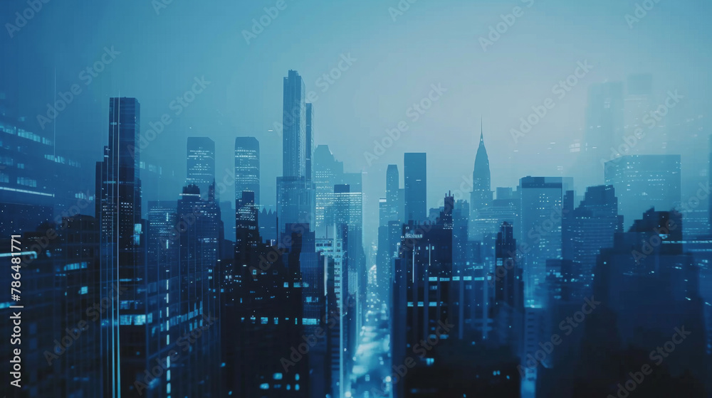 Blue double exposure of buildings, business style