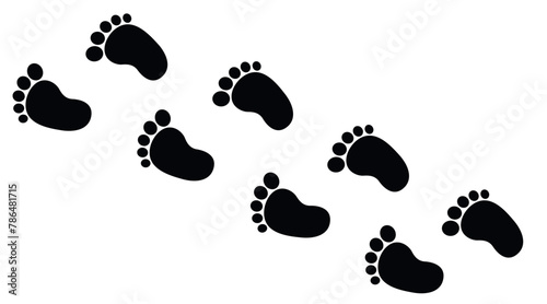 Black baby's prints footpath. Kids feet footprints silhouette. Childhood or baby shower theme. Vector isolated illustration on white background.