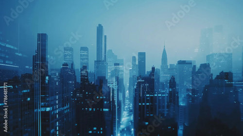 Blue double exposure of buildings, business style