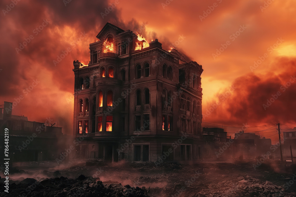 Burned out building abandoned after fire completely destroyed it AI Generative