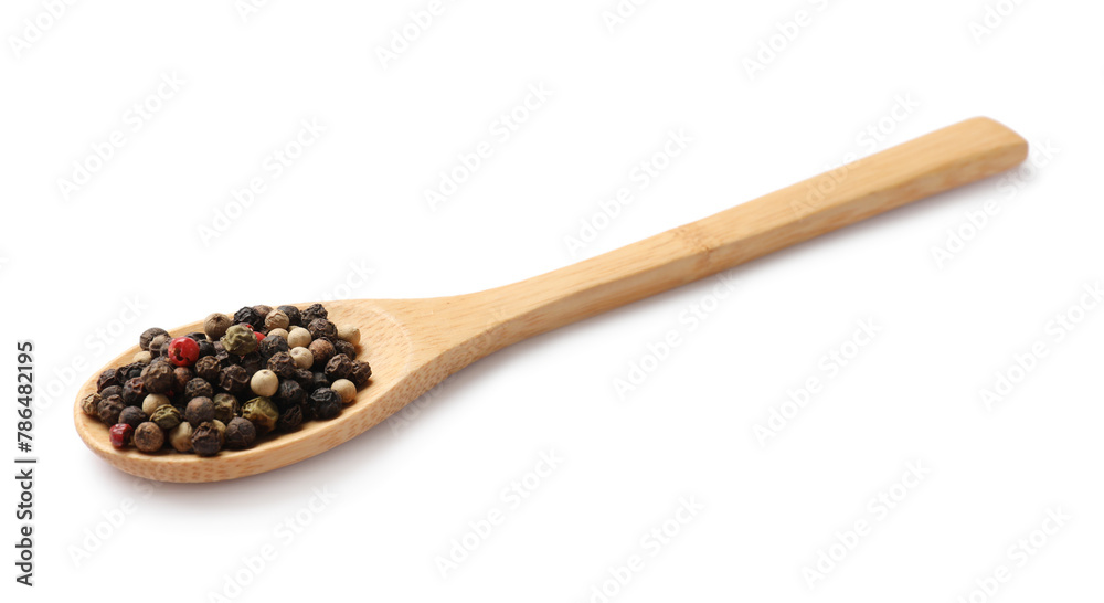 Aromatic spices. Different peppers in wooden spoon isolated on white Aromatic spices. Different peppers in wooden spoon isolated on white