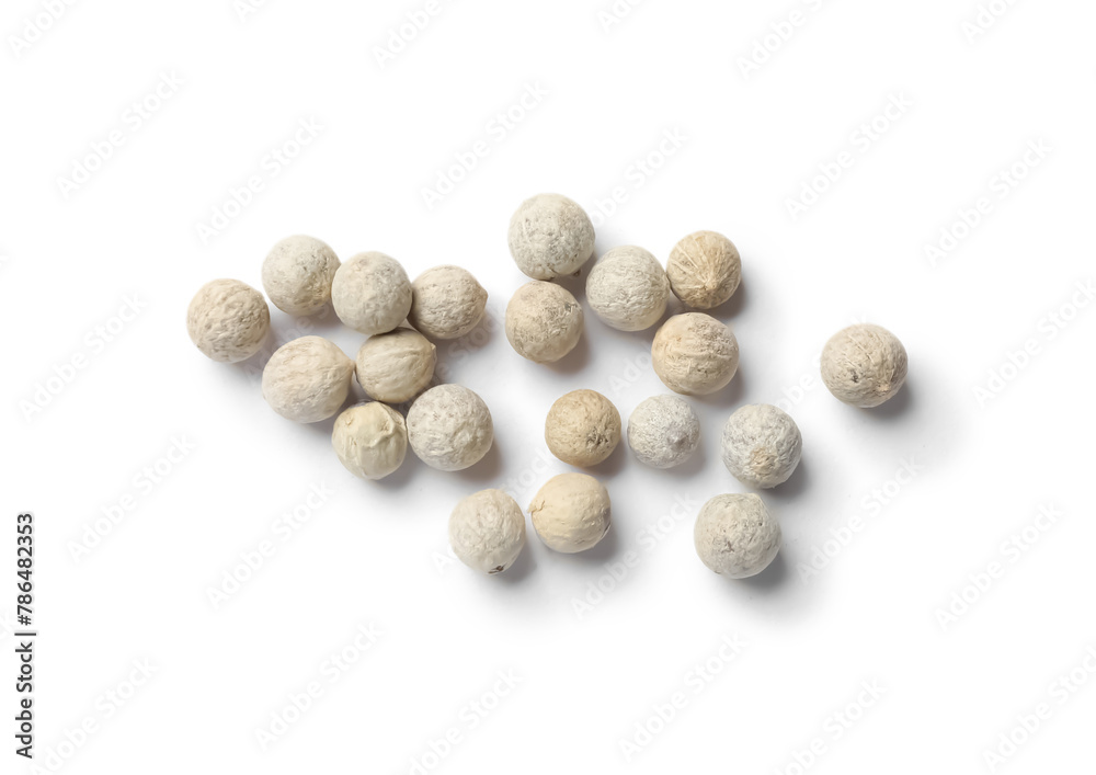 Aromatic spice. Pile of peppers isolated on white, top view
