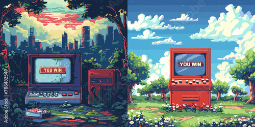 You win game screen pixel art vector concepts. Arcade machine 8 bit landscape trees grass sky clouds cityscape horizon victory scene illustrations © ONYXprj
