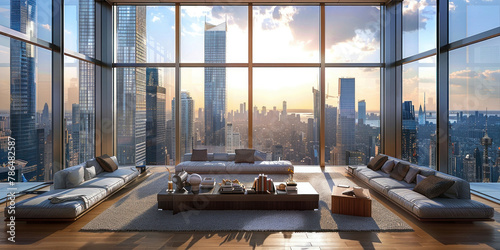 Stunning living room with panoramic city skyline view and mesmerizing sunset backdrop