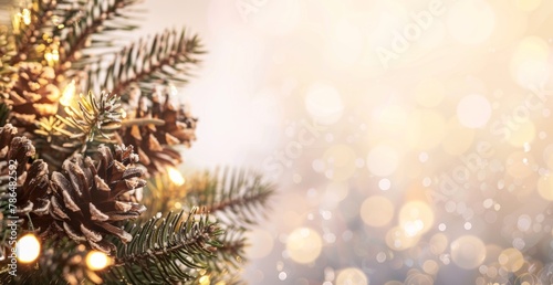 Christmas tree with pine cones and lights on light background with copy space, banner for holiday party or Christmas card Generative AI