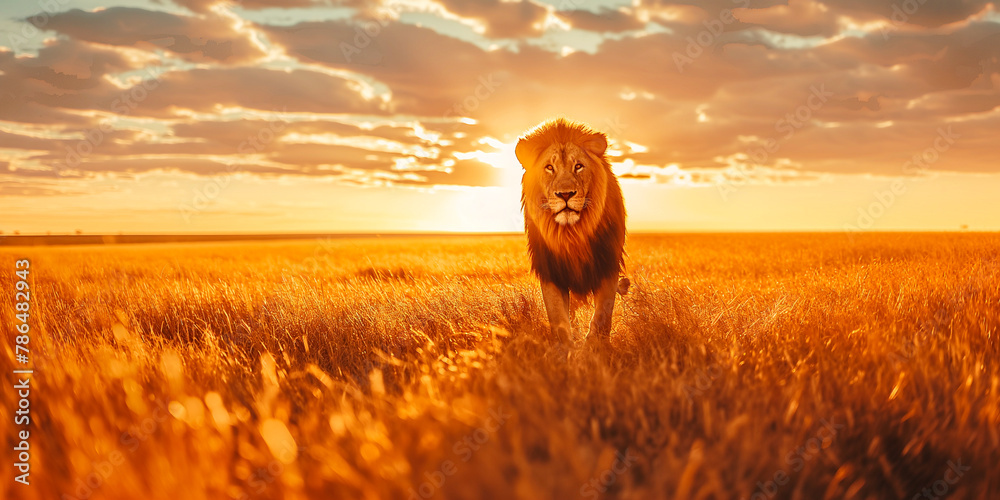 lion or panther leo in the african savannah in the sunset - obrazy, fototapety, plakaty 