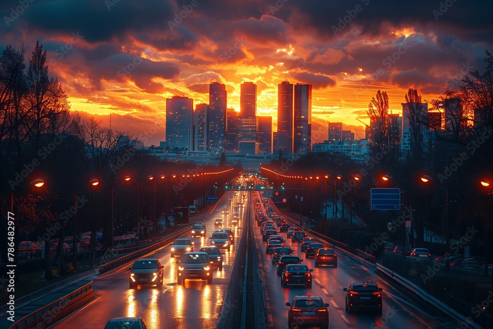 A bustling highway with a city skyline silhouetted against a colorful sunset sky, featuring skyscrapers, tower blocks, and a beautiful cityscape