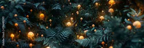overhead view of glowing mushrooms in a forest, science and technology in action, realistic photography, copy space #786482911