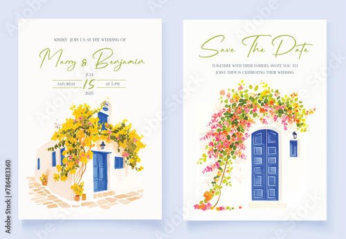 Wedding invitation with hand drawn watercolor spring pink bougainvillea flower background