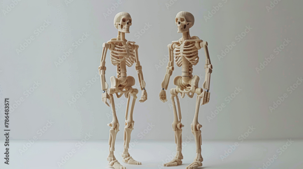 Two skeletons standing next to each other on a white background. Scene is eerie and unsettling Two skeletons standing next to each other on a white background. Scene is eerie and unsettling