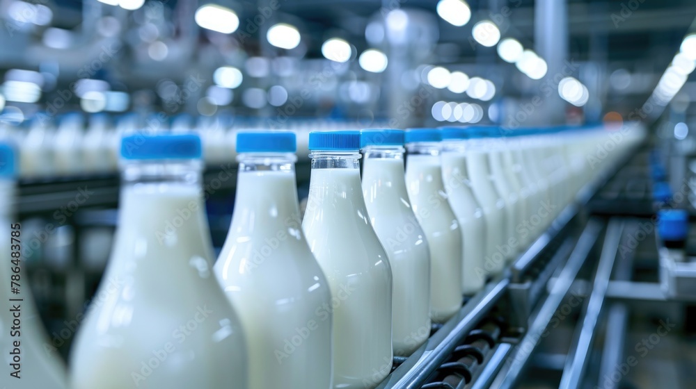 Bottles with fresh white milk on production line.