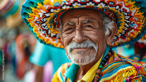 A man wearing a colorful hat and a colorful shirt is smiling. The hat has a pattern of flowers and leaves
