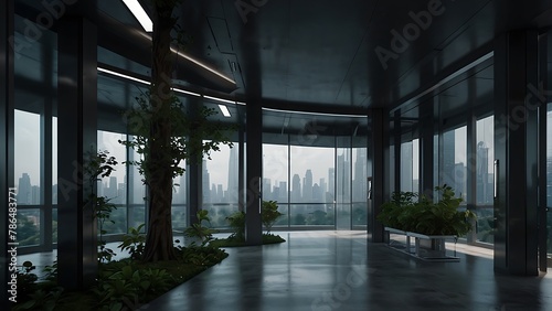 Morning Cityscape with Office Building, Trees, and Tropical Vibes © VFX1988