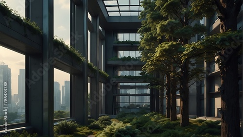 Morning Cityscape with Office Building, Trees, and Tropical Vibes