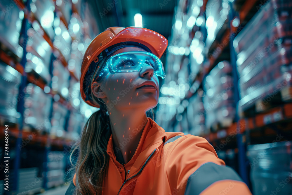A woman wearing a safety helmet and orange vest is looking at a computer screen. She is wearing a pair of virtual reality goggles A woman wearing a safety helmet and orange vest is looking at a computer screen. She is wearing a pair of virtual reality goggles